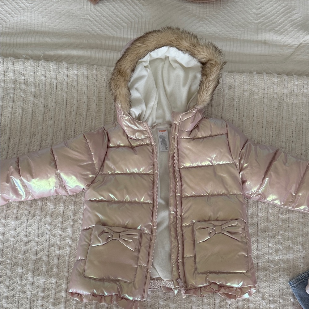 Iridescent Pink Hooded Puffer Jacket with Faux Fur Trim